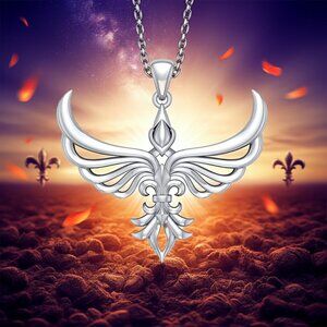 Phoenix with Fleur De Lis Sterling Silver Pendant and Earrings